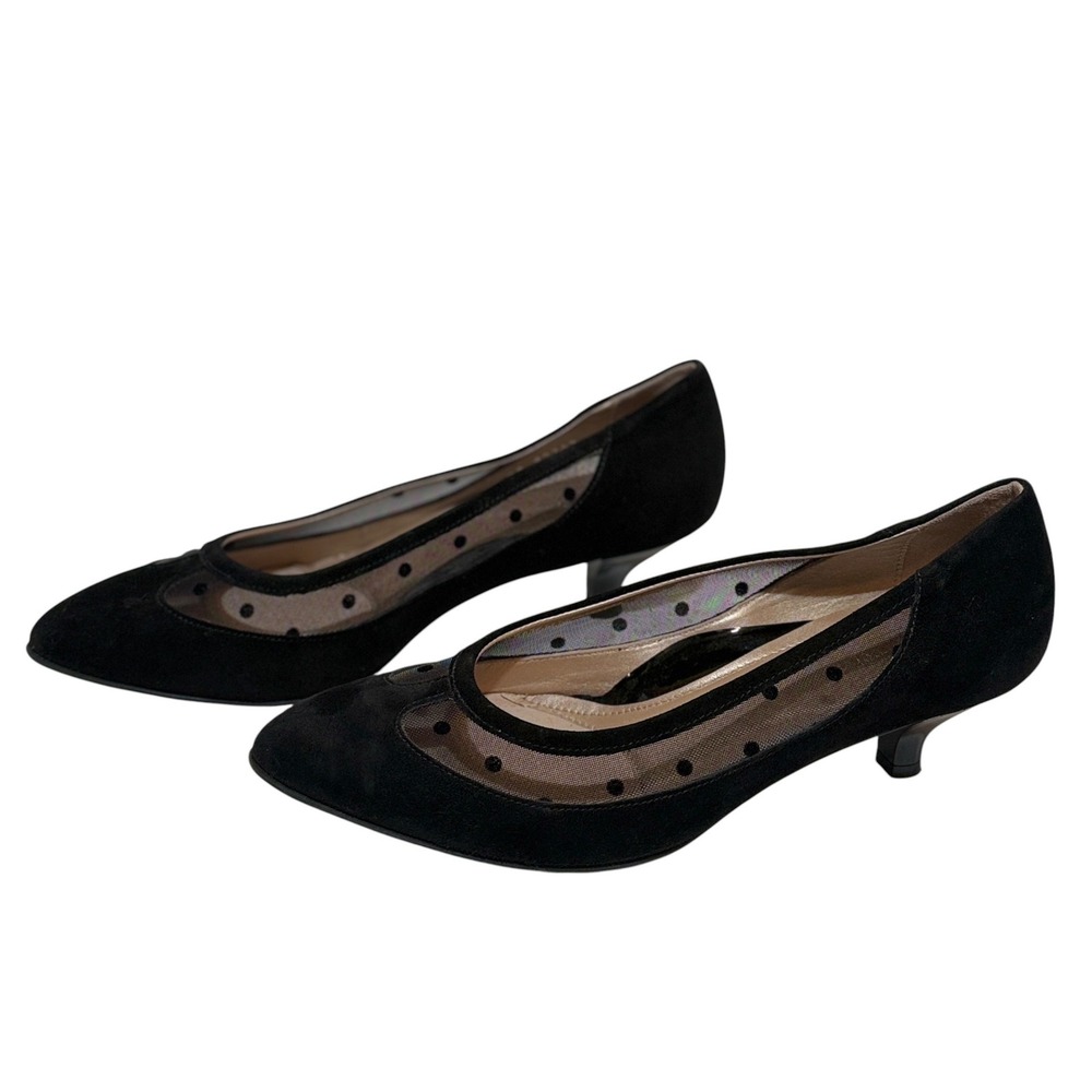 BeautiFeel Black Suede Mesh Polka Dot Kitten Heel Pumps Women's Size 8.5 - Picture 2 of 4